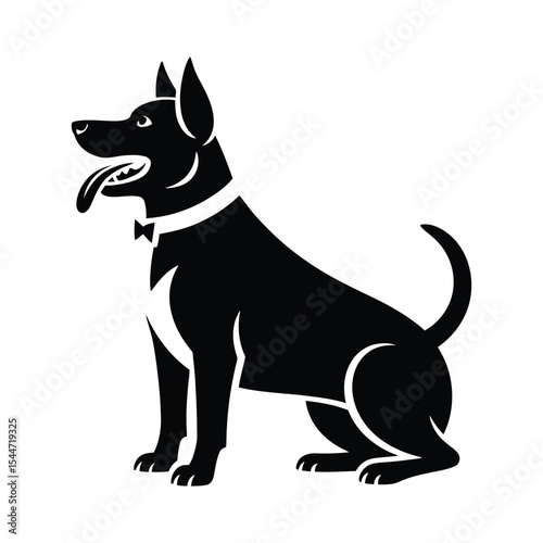 Stylized black and white dog illustration with bow tie and collar on isolated white background