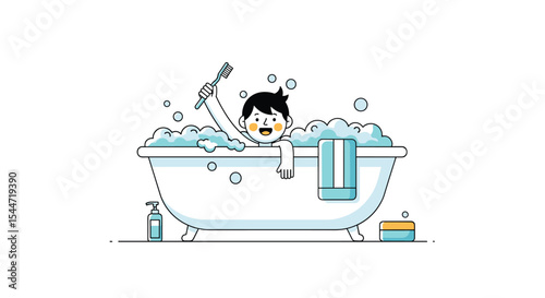 Child Enjoys Bubble Bath Flat Vector Minimalist Design for Children's Illustration Concept