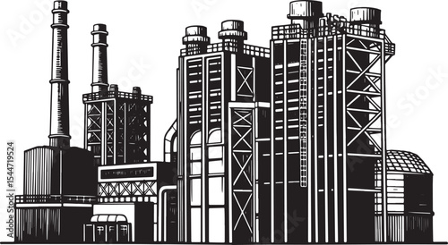Illustration of a factory or industrial plant in a black and whi