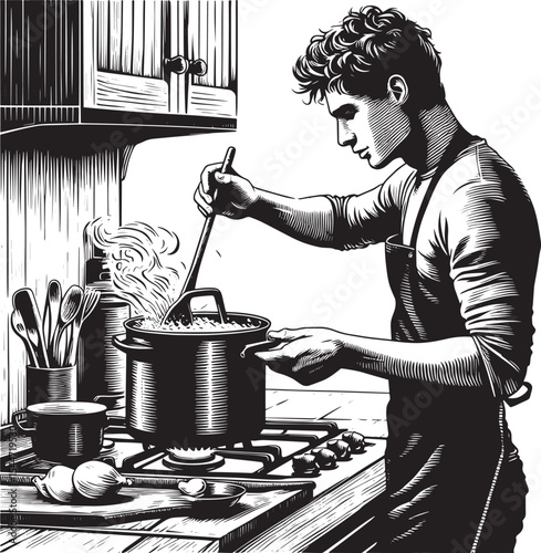 Monochrome illustration of a man preparing a meal on a stovetop