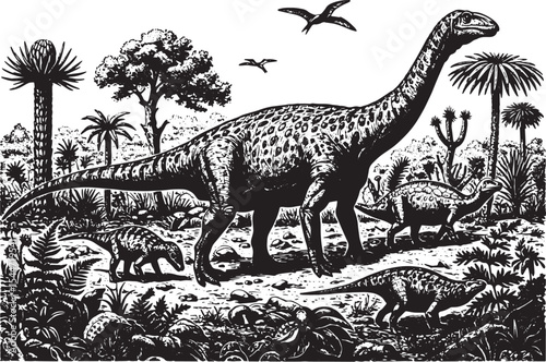 Vintage illustration of dinosaurs in a prehistoric landscape: bl