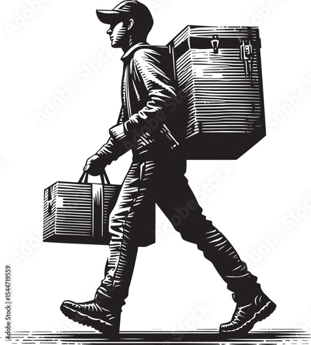 Monochrome illustration showcasing a delivery man carrying overs