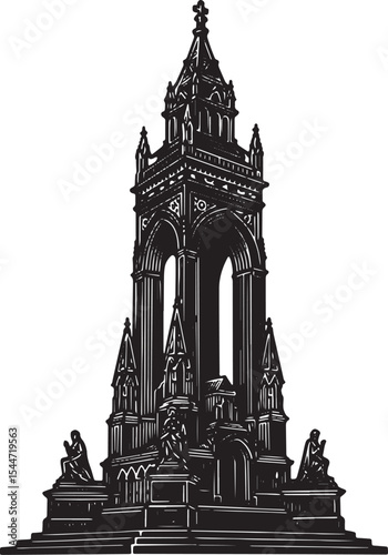Detailed black and white illustration of an elaborate historic m