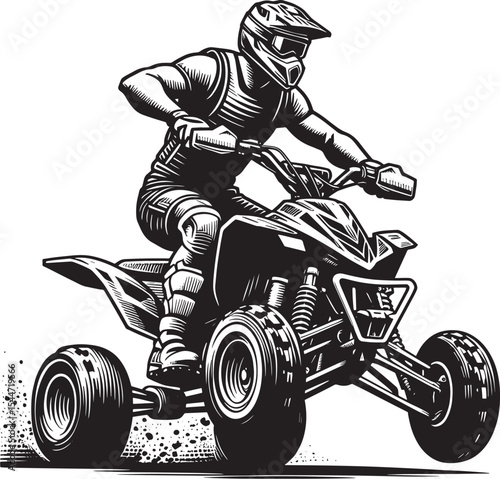Monochrome Illustration of ATV Racer in Action, Woodcut Style on