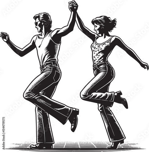 Retro rhythmic harmony couple in coordinated dance move, eightie