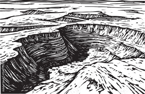 Black and white artistic landscape drawing of a canyon and surro