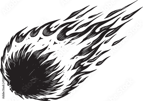 Ink Drawing of a Meteorite Burning Through the Atmosphere in Bla