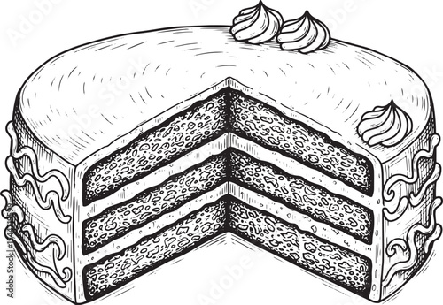 Detailed black and white illustration of a sliced layered cake w