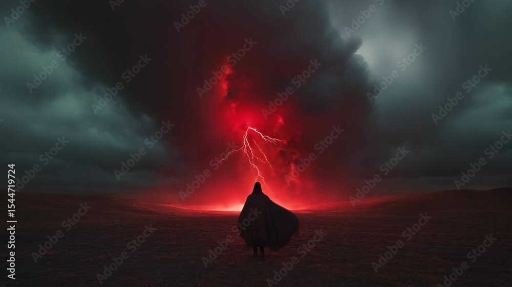 Mysterious silhouette in dark cloak standing before dramatic red lightning storm. Apocalyptic landscape with thunderbolt striking ground. Fantasy artistic concept for book cover design