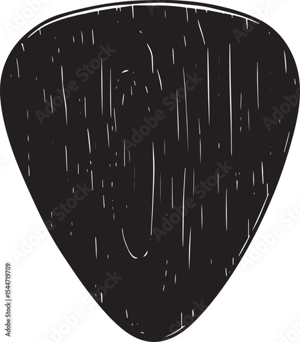 Black guitar pick with white lines on a white background, music