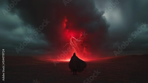 Mysterious silhouette in dark cloak standing before dramatic red lightning storm. Apocalyptic landscape with thunderbolt striking ground. Fantasy artistic concept for book cover design