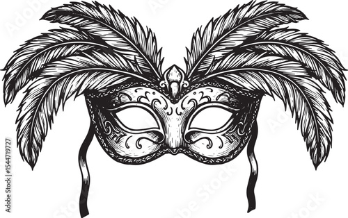 Elegant Black and White Mask with Feathers Illustration on White