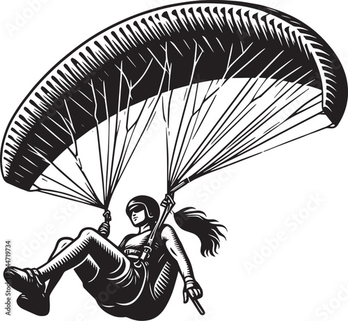 Monochrome woodcut illustration of a female paraglider soaring i
