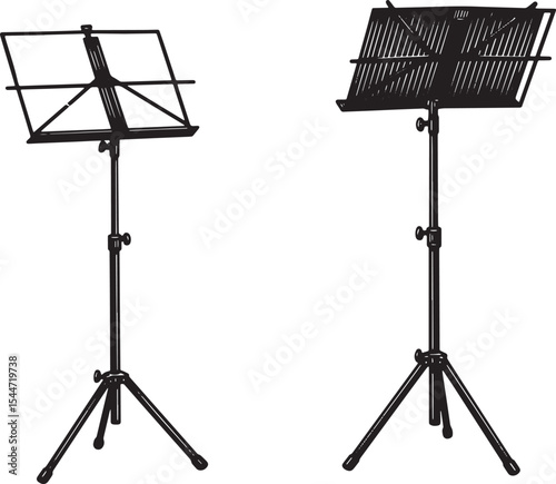 Black and white illustration of two music stands on a white back