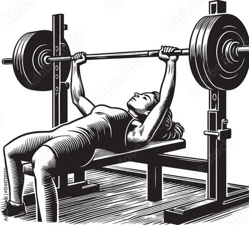 Illustrative woodcut: Determined female athlete performing a cha