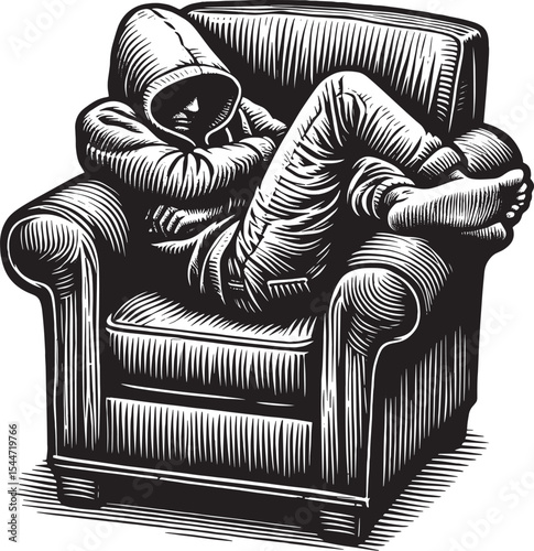 Woodcut Illustration of a Man Lounging in an Armchair with Hoodi