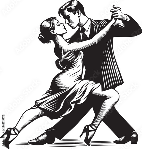 Passionate embrace: A couple dances the tango, captured in monoc
