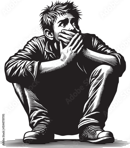 Captivating woodcut illustration a man exhibiting a surprised or