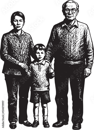 Family Portrait: A Detailed Black and White Illustration of Thre