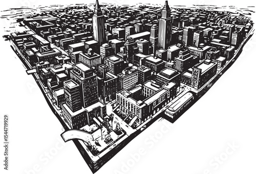 Detailed ink drawing of a cityscape featuring skyscrapers and ur