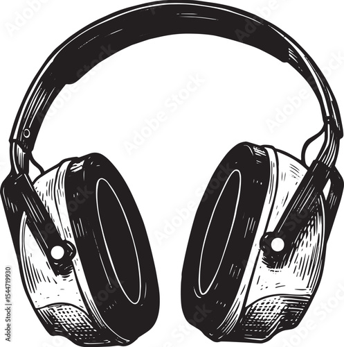 Black and white illustration of protective earmuffs on a white b