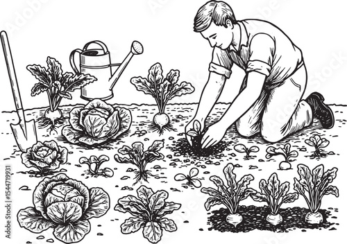 Gardening and cultivation illustration, planting crops with vege