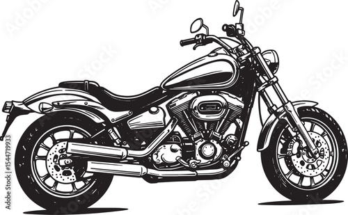 Detailed monochrome illustration of a classic cruiser motorcycle