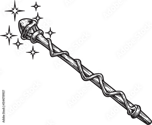 Hand-drawn illustration of a magic wand with stars and a white b