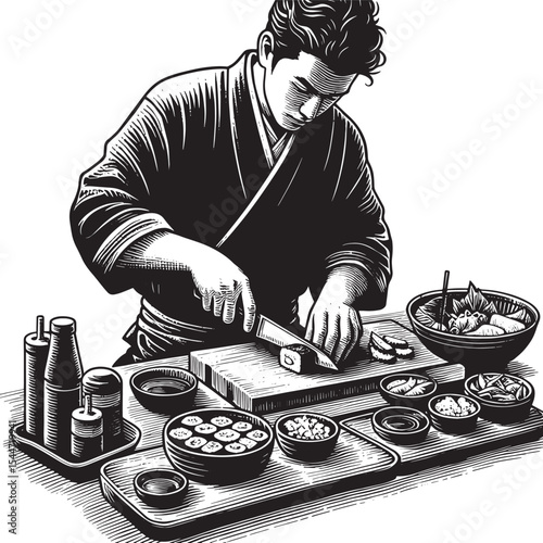 Monochrome Woodcut Style: Chef Preparing Traditional Sushi with