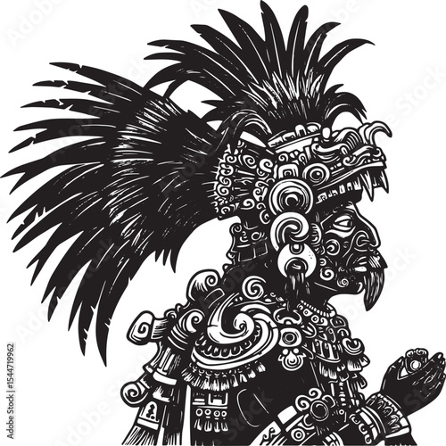 Intricate Illustration of an Aztec Priest in Detailed Headdress