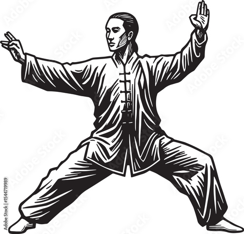 Black and white illustration of a man practicing Tai Chi or a si