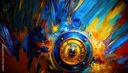 Abstract Artistic Clock Face Design Golden Blue Hues Vibrant Colors Cosmic Theme