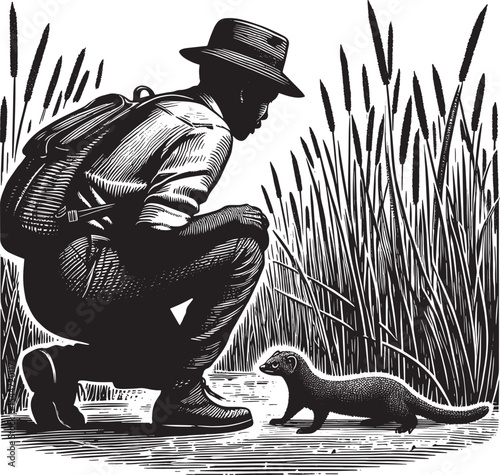 Engraved illustration of a man crouching to observe a mongoose i