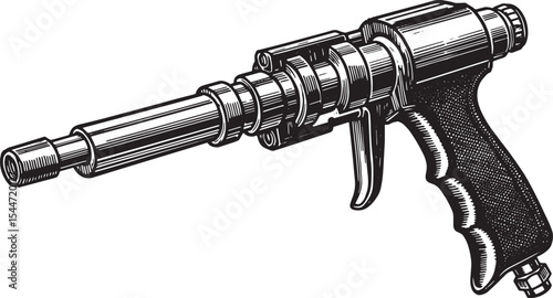 Detailed black and white illustration of a spray gun, perfect fo