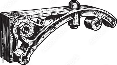 Detailed Pen and Ink Illustration of an Ornamental Wooden Bracke