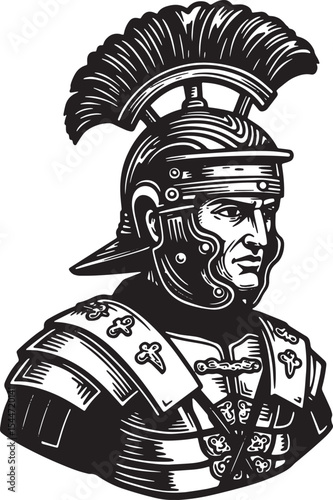 Illustration of a Roman soldier in a helmet and armor against a