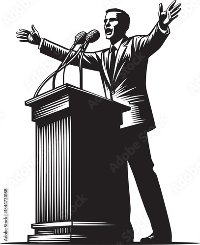 Passionate speaker delivering motivational speech on podium vect