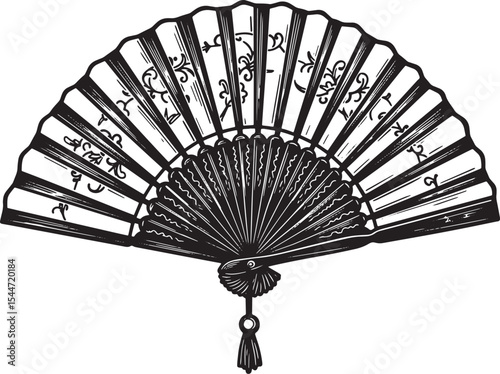 Elegant black and white illustration of a traditional hand fan o