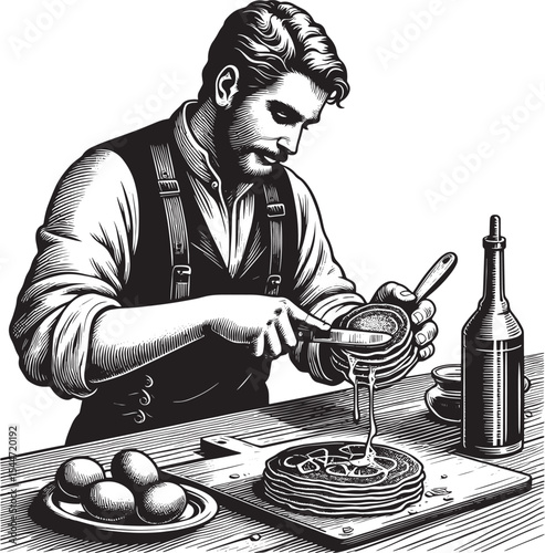 Monochrome illustration of a man preparing pancakes with syrup,