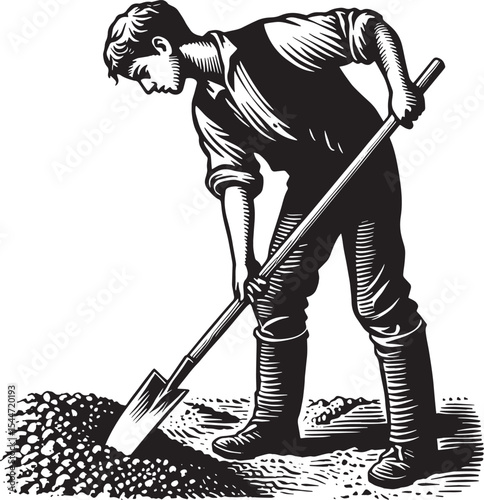 Illustration of a man digging intently with spade in a classic w