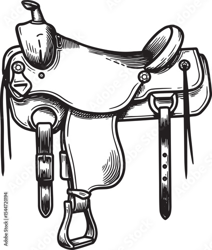 Detailed Black and White Illustration of a Western Horse Saddle