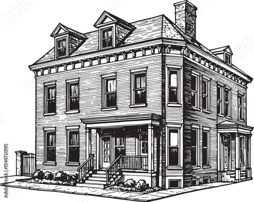 Hand-drawn illustration of a classic vintage house in black and