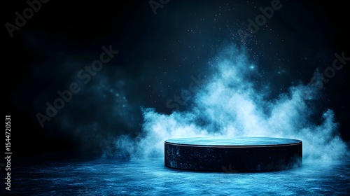 Dark blue stage, smoky pedestal, cosmic background, product display