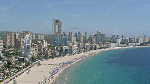 Benidorm, Spain - August 19, 2023: Panoramic view of the Poniente beach in the city of Benidorm, Spain