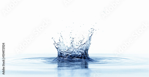 Isolated abstract blue water splash with bubbles and drops on a white background, conveying clean, fresh liquid in motion.