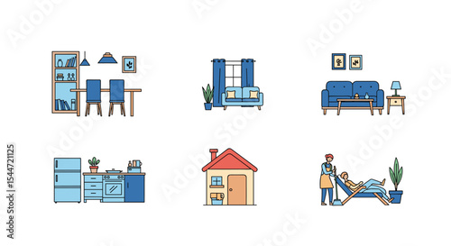 Flat Minimalist Vector Design Depicting Interior Rooms and a House for Various Purposes