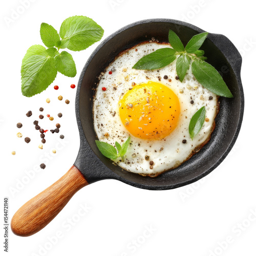 Fried egg in skillet with herbs and spices, showcasing delicious breakfast option. vibrant yolk and fresh greens add touch of color and flavor