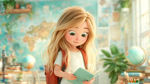 Cute schoolgirl reading book in classroom with backpack during back to school season