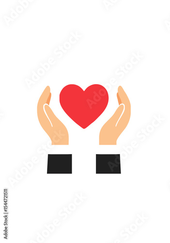 Flat Style Illustration of Hands Holding Red Heart Symbolizing Love, Charity, Care or Support Concept Isolated on White Background