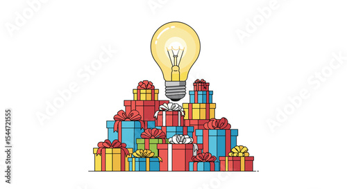 A Mountain of Gifts Illuminated by a Light Bulb Flat Minimalist Vector Design